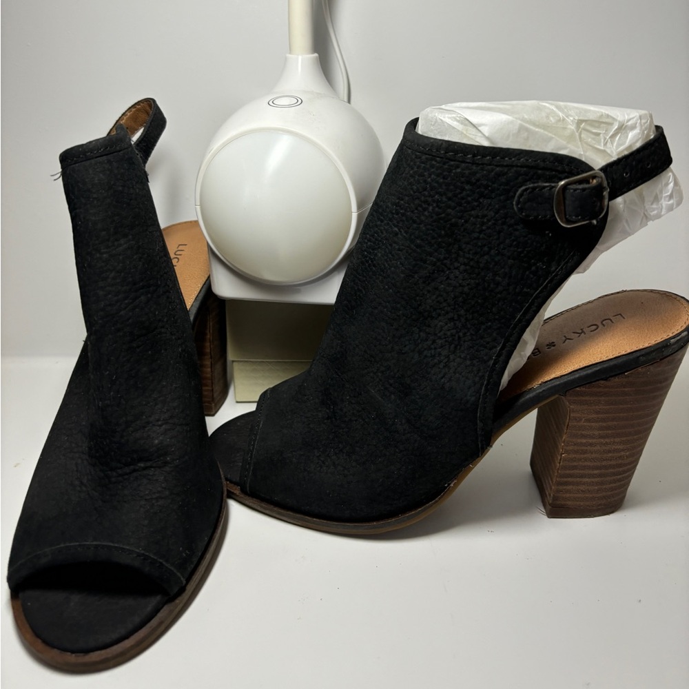 Lucky Brand - “LISZA” Peep-toe “Shootie”; Black Suede; 6.5M